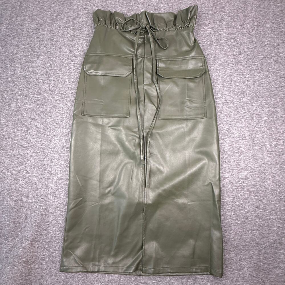 Gracia Olive Faux Leather Cargo Midi Skirt S